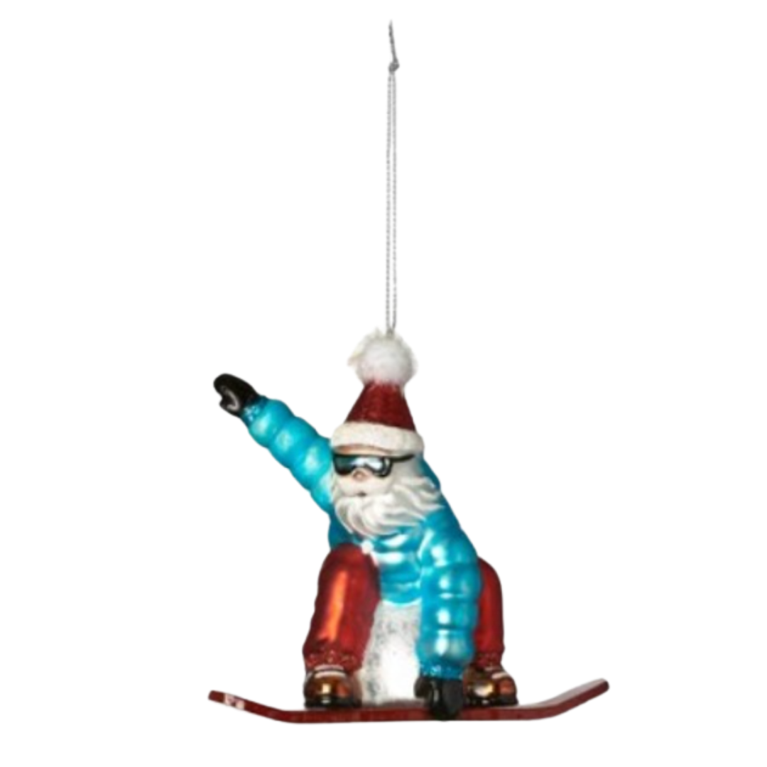 Snowboarding Santa Glass Ornament