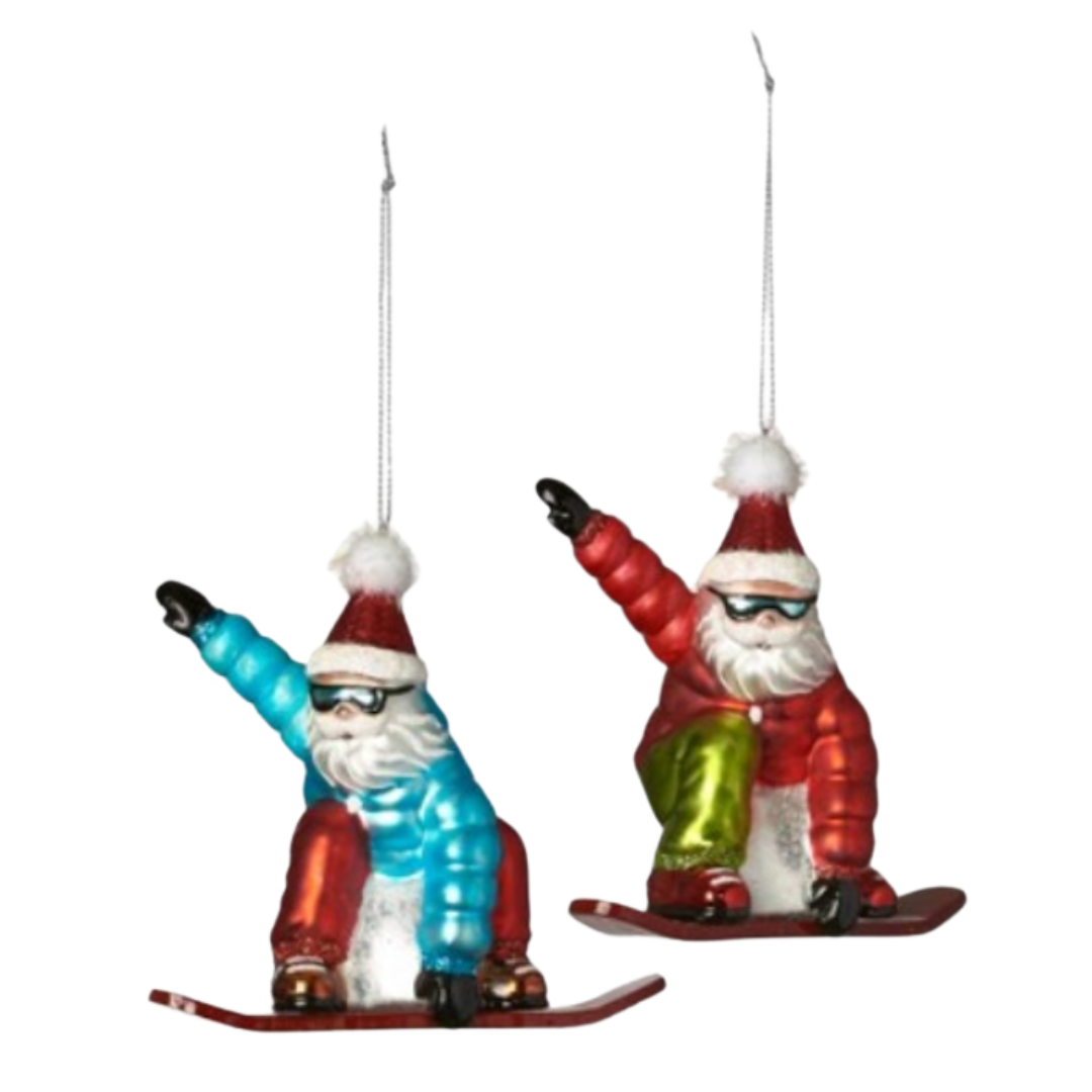 Snowboarding Santa Glass Ornament