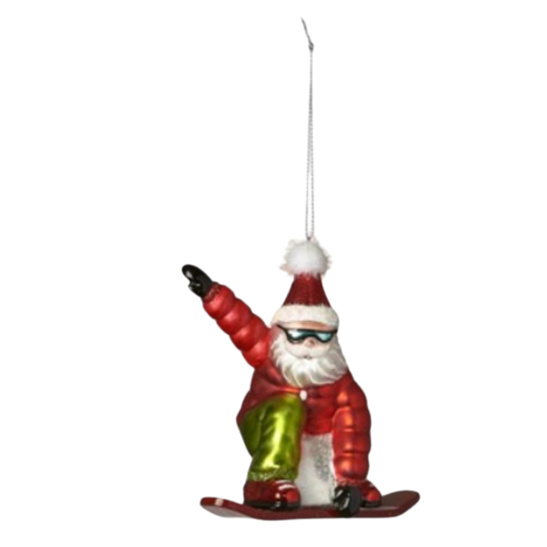 Snowboarding Santa Glass Ornament